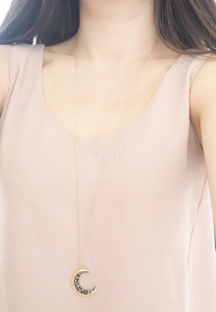 Gold Plated Crescent Moon Encrusted with Black Crystals Jewels Long Necklace