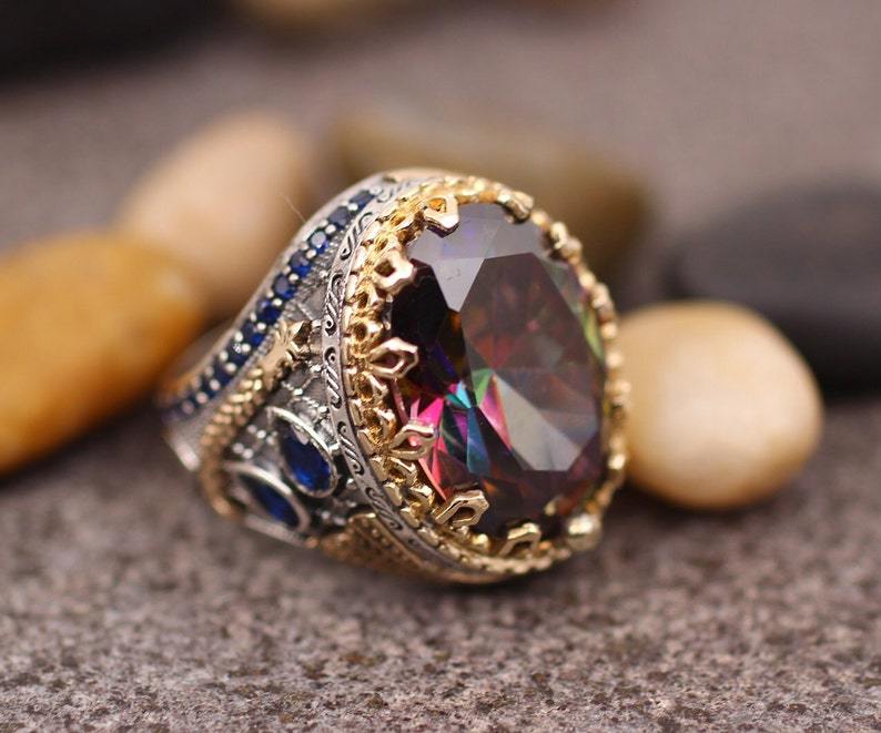 Vintage Colored Stone Ring Two-Tone Gold Plated Broadband Ring