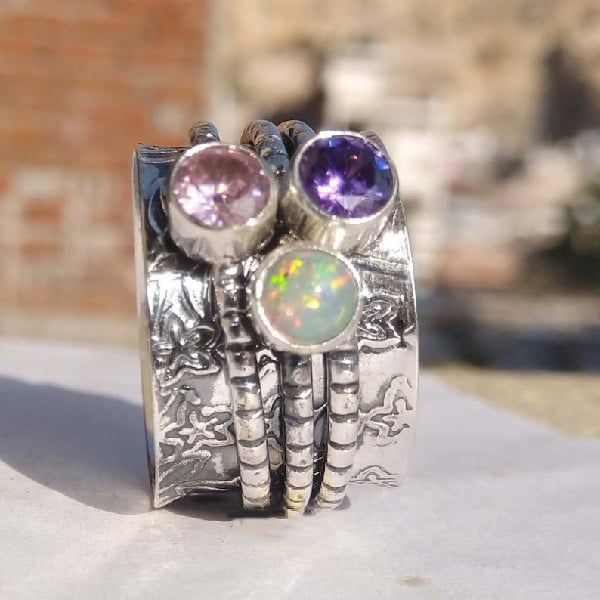 Sterling Silver Bohemian Gemstone Meditation Spinner Ring