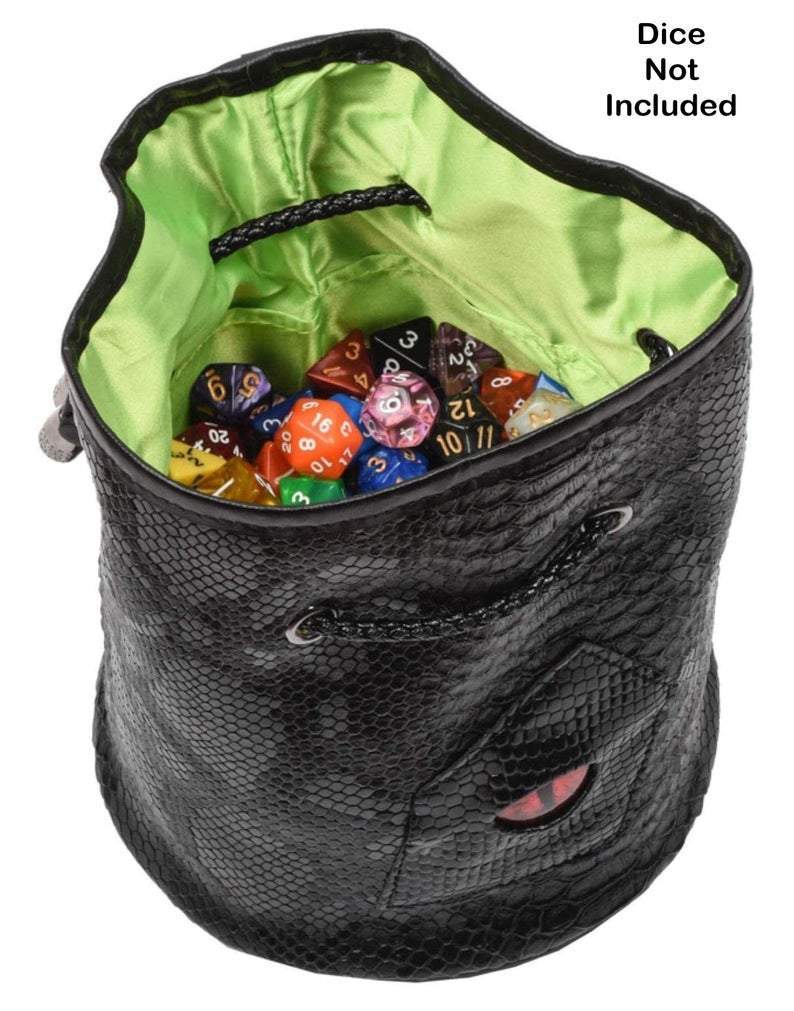 DND Dice Bag with Pockets - Large Dice Bag with Black Dragon Scales and Real Glass Dragon Eye