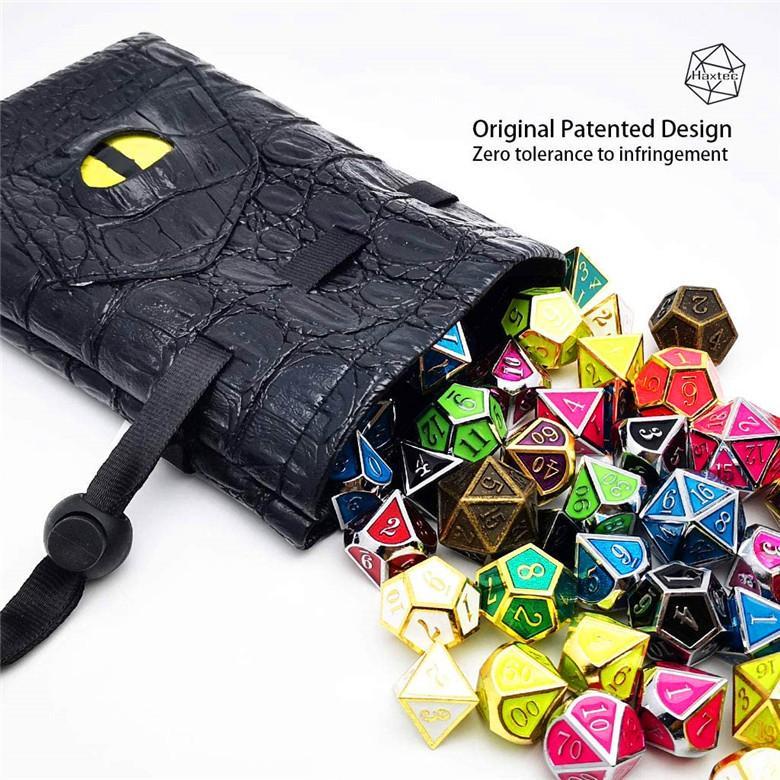 DND Dice Bag with Pockets - Large Dice Bag with Black Dragon Scales and Real Glass Dragon Eye