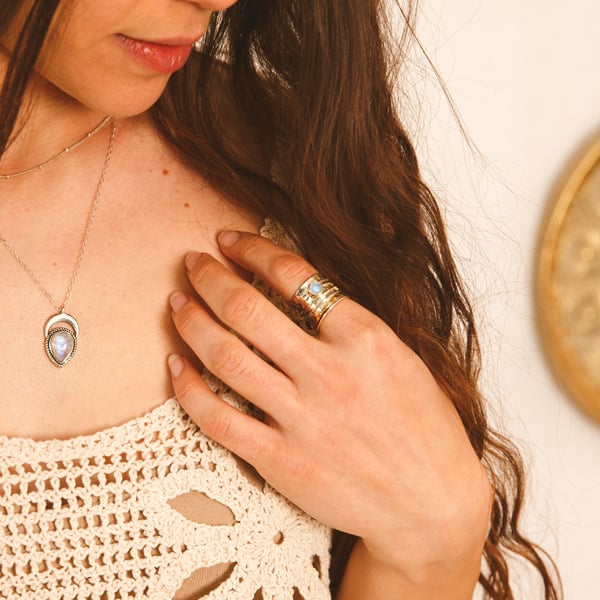 Sterling Silver Star and Moon Moonstone Spinner Ring