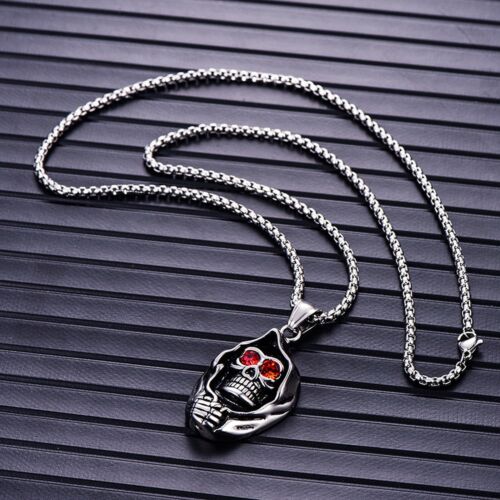 Mens Stainless Steel Gothic Grim Reaper Death Skull Red Crystal Pendant Necklace