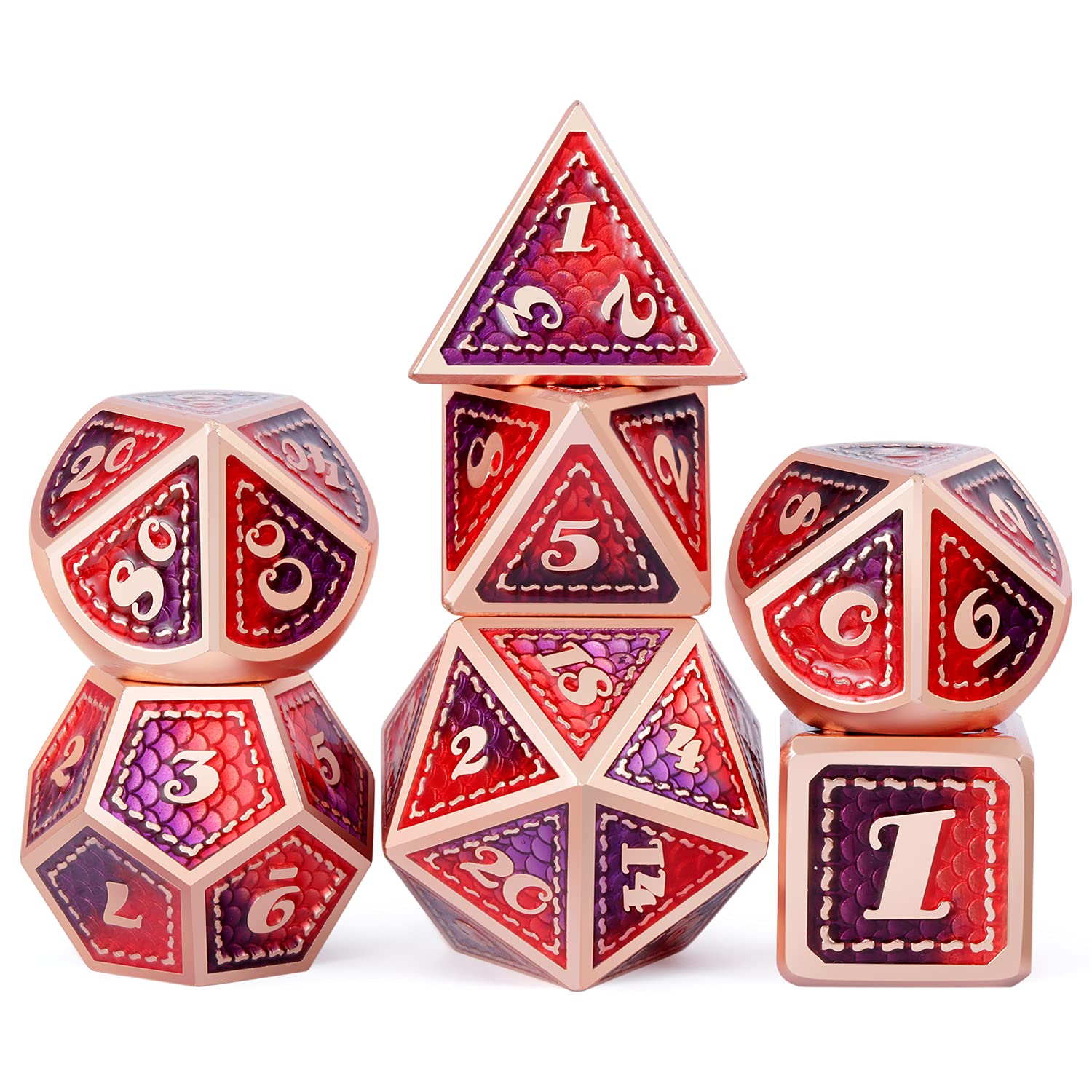 Dragon Scale 7 PCS Polyhedral Metal Dice Set(Red & Purple with Matt Copper Edge)