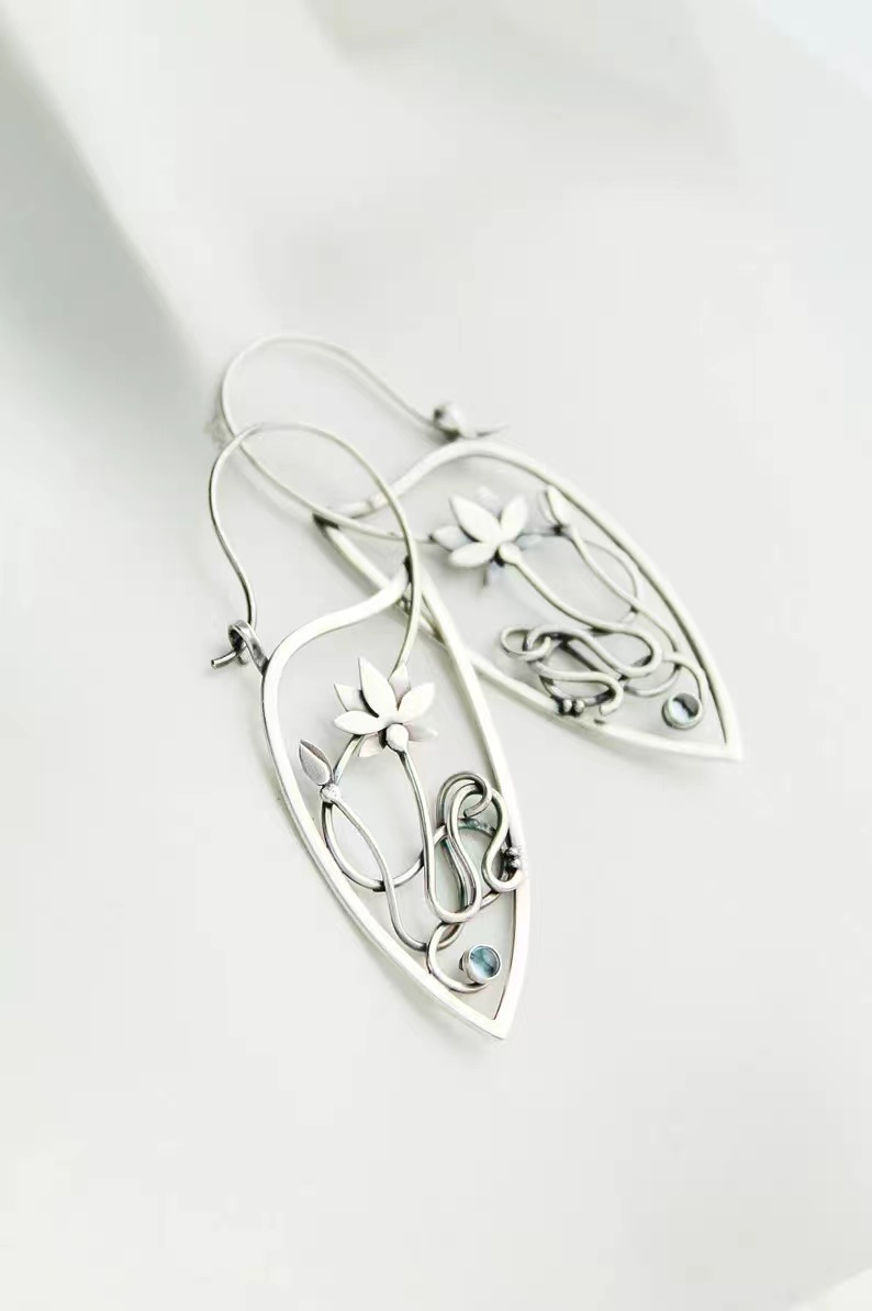 Silver earrings Lotus flower Elven jewelry Floral style