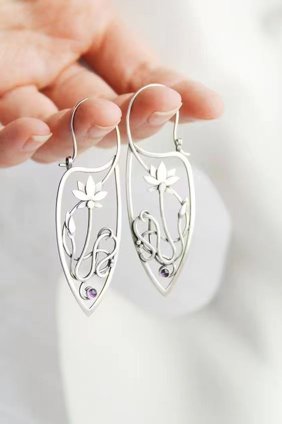 Silver earrings Lotus flower Elven jewelry Floral style