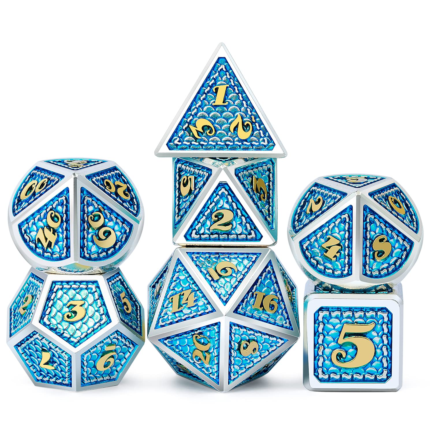 Dragon Scale 7 PCS Polyhedral Metal Dice Set(Azure with Silver Edge)
