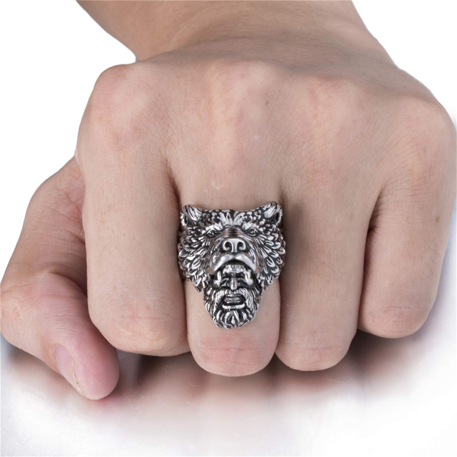 Viking Bear Man Warrior Silver Black Titanium Biker Ring