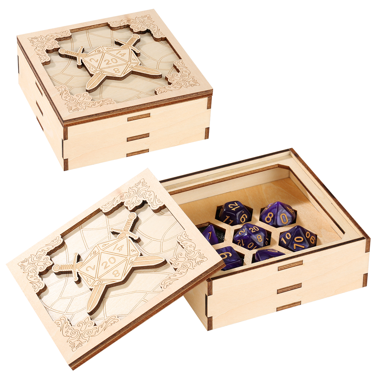Dual Swords Theme Engraved Wooden Dice Tray