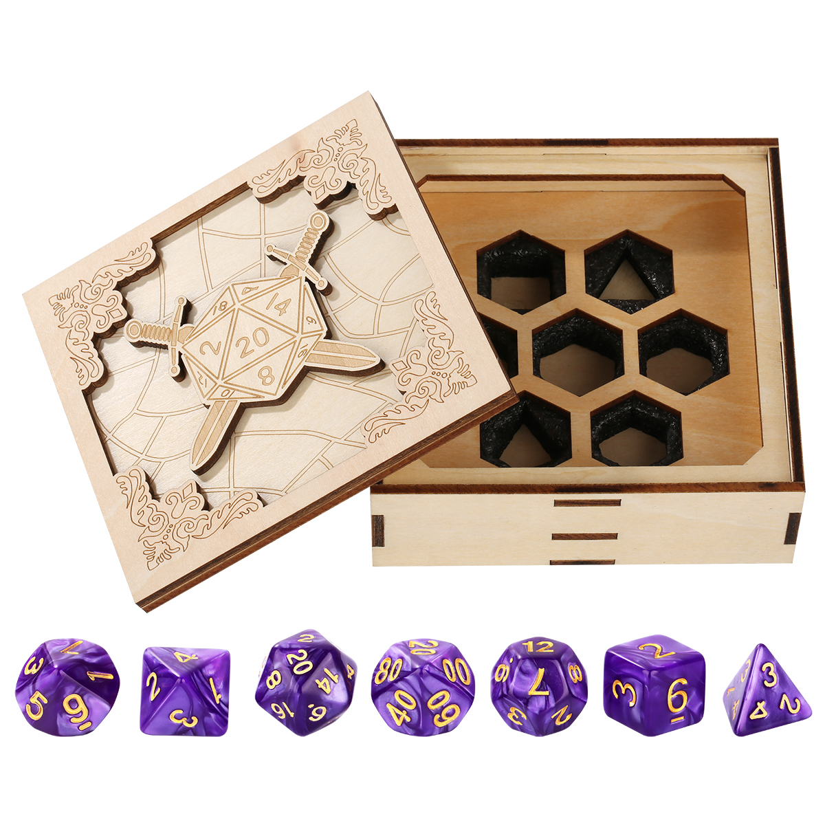 Dual Swords Theme Engraved Wooden Dice Tray