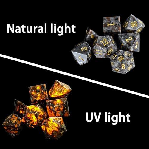 Natural Flame Yooperlite Gemstone DND Dice Set