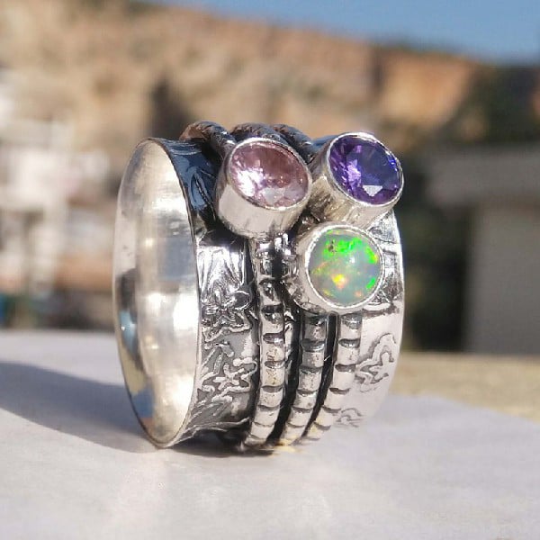 Sterling Silver Bohemian Gemstone Meditation Spinner Ring