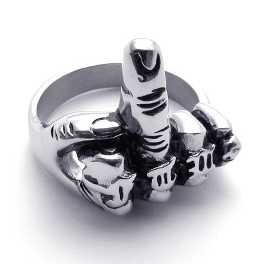 Mens Biker Rings Stainless Steel Middle Finger Hip Hop Punk Ring for Men Women