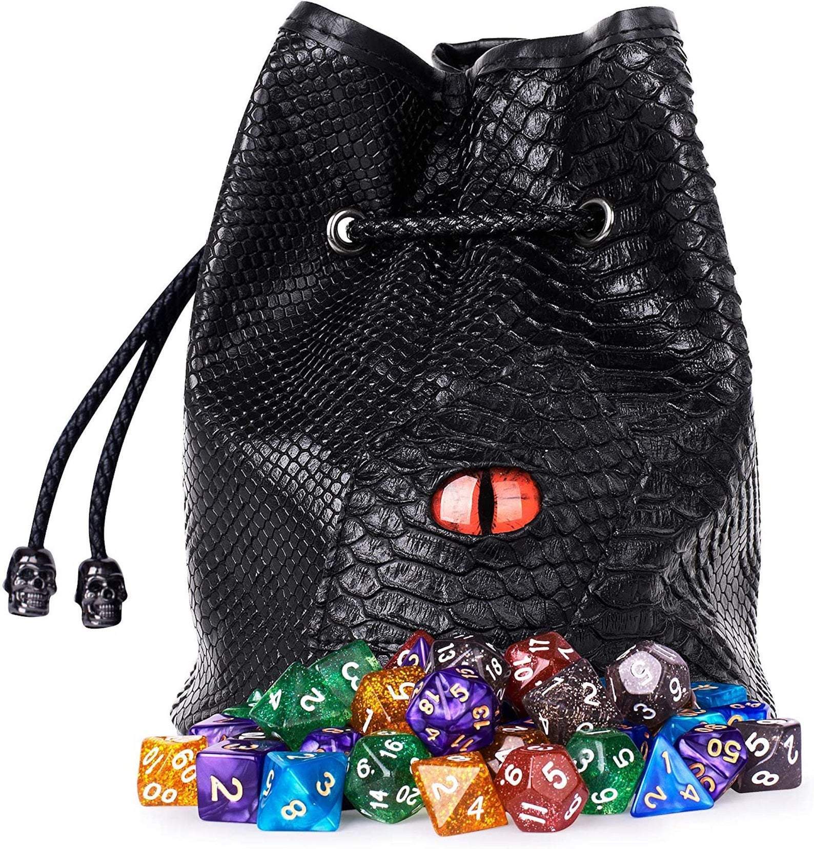 DND Dice Bag with Pockets - Large Dice Bag with Black Dragon Scales and Real Glass Dragon Eye