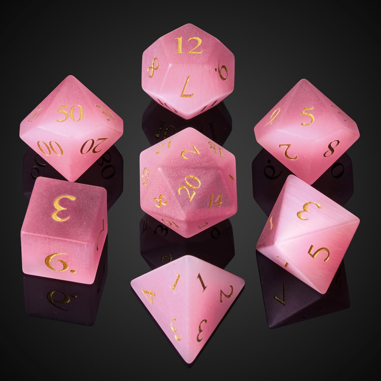 Pink Cat's Eye Natural Gemstone Dice Set, 7 Pcs Crystal DND Dice