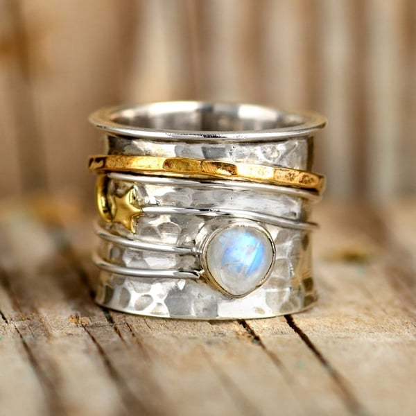 Sterling Silver Star and Moon Moonstone Spinner Ring