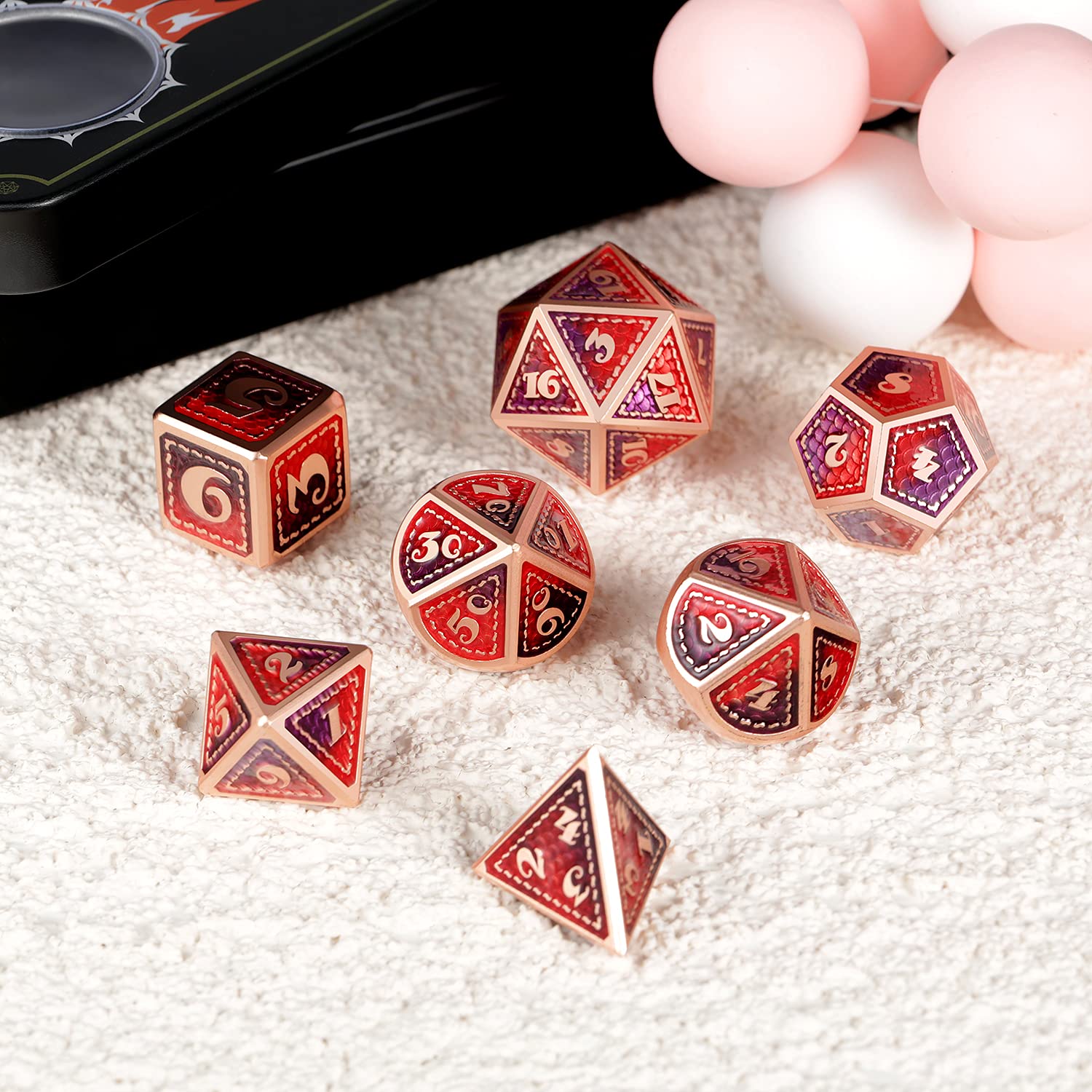 Dragon Scale 7 PCS Polyhedral Metal Dice Set(Red & Purple with Matt Copper Edge)