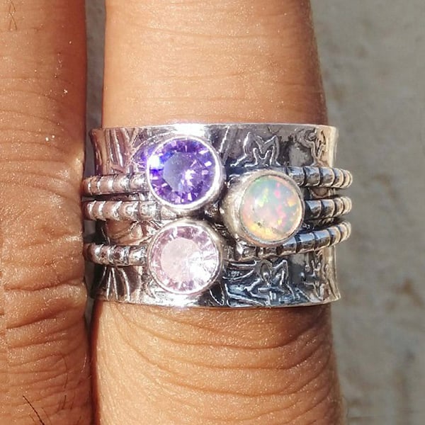 Sterling Silver Bohemian Gemstone Meditation Spinner Ring