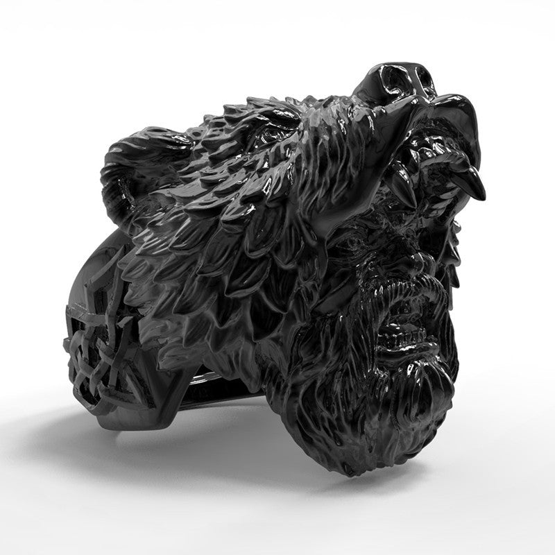 Viking Bear Man Warrior Silver Black Titanium Biker Ring