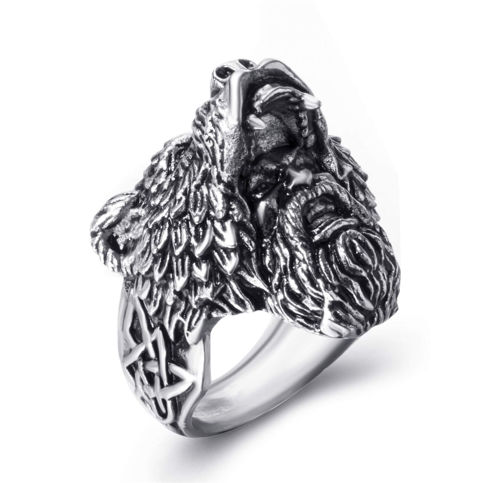 Viking Bear Man Warrior Silver Black Titanium Biker Ring