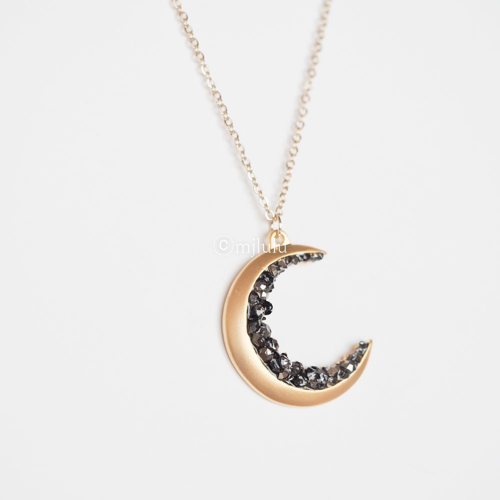 Gold Plated Crescent Moon Encrusted with Black Crystals Jewels Long Necklace