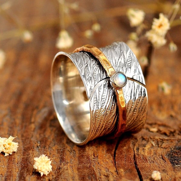 Sterling Silver Moonstone Meditation Wide band Spinner Ring