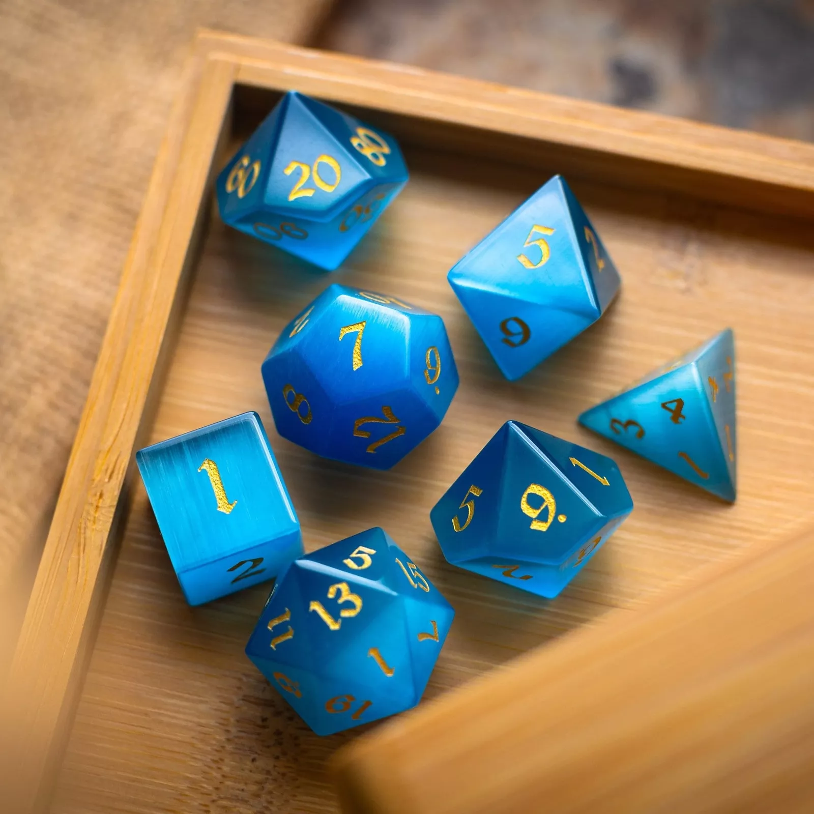 Full Set Aquamarine D&D Dice Set| Cat's Eye Dice Set
