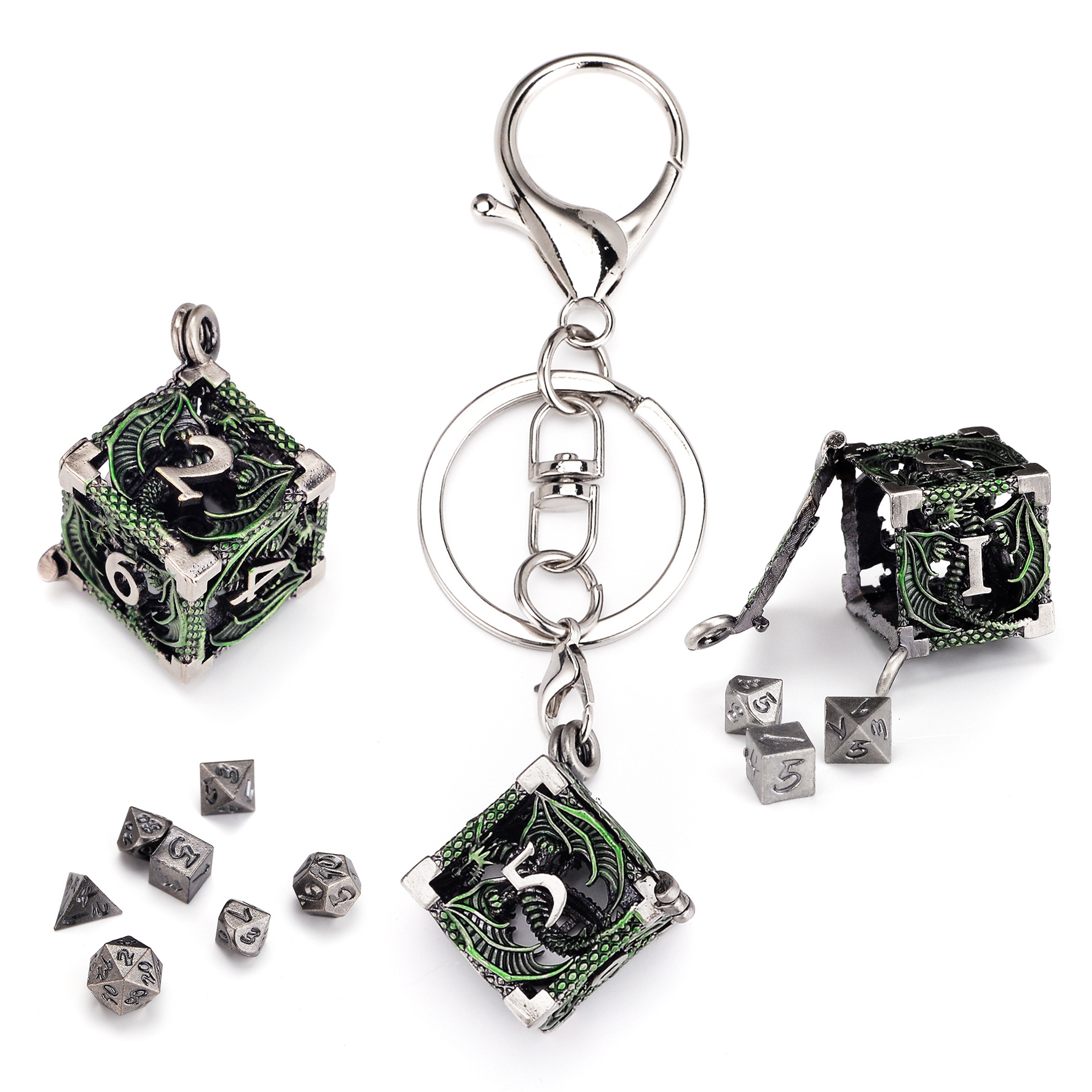 Metal Hollow Dice Keychain Set