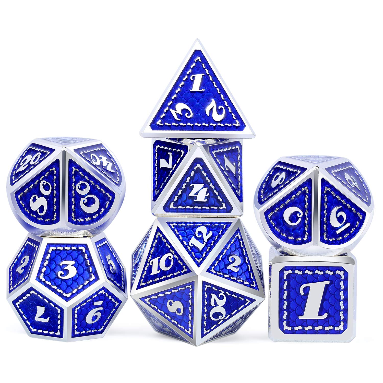 Dragon Scale 7 PCS Polyhedral Metal Dice Set(Blue with Silver Edge)