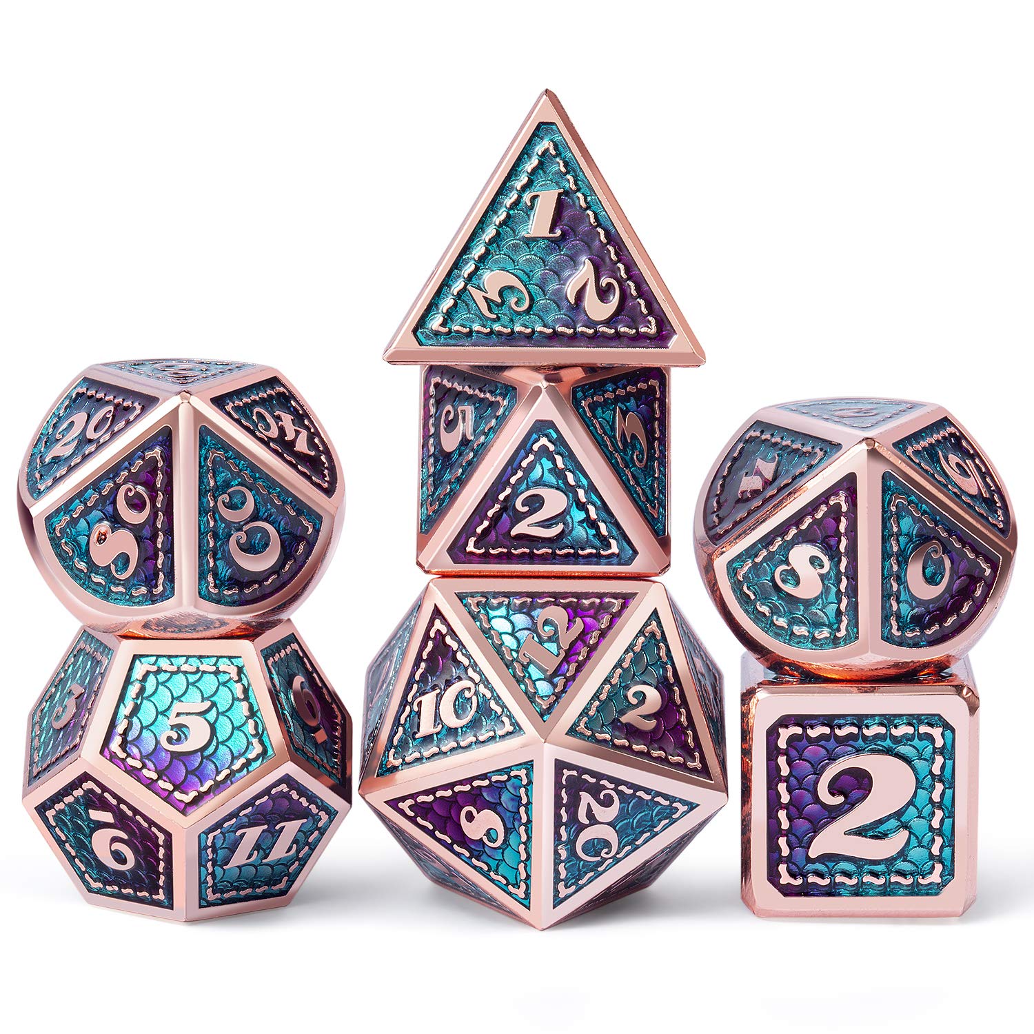 Dragon Scale 7 PCS Polyhedral Metal Dice Set(Teal and Purple with Copper Edge)