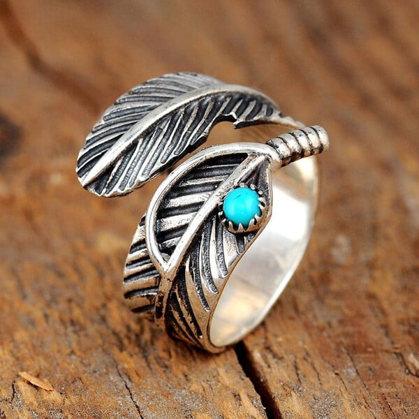 Boho Feather Turquoise Adjustable Ring