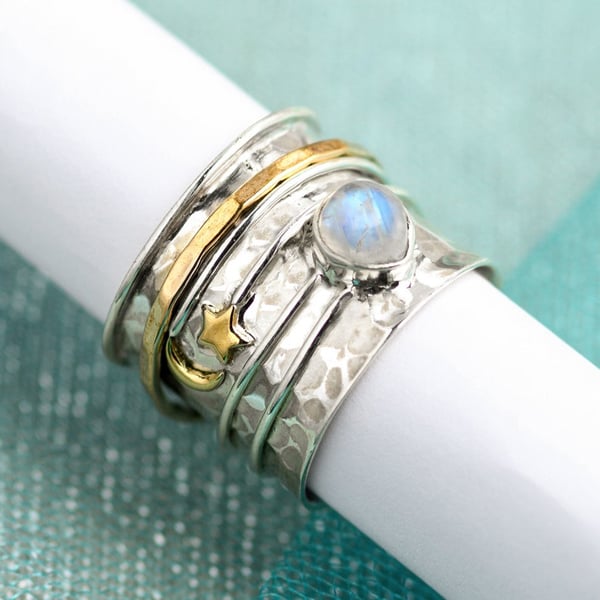 Sterling Silver Star and Moon Moonstone Spinner Ring