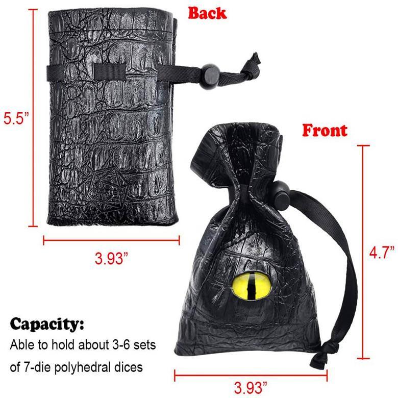 DND Dice Bag with Pockets - Large Dice Bag with Black Dragon Scales and Real Glass Dragon Eye