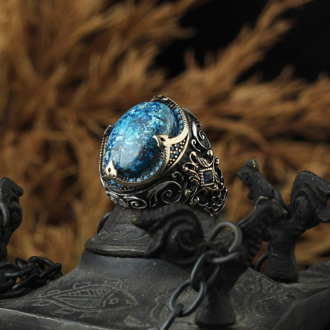 Blue gemstone engraved ring