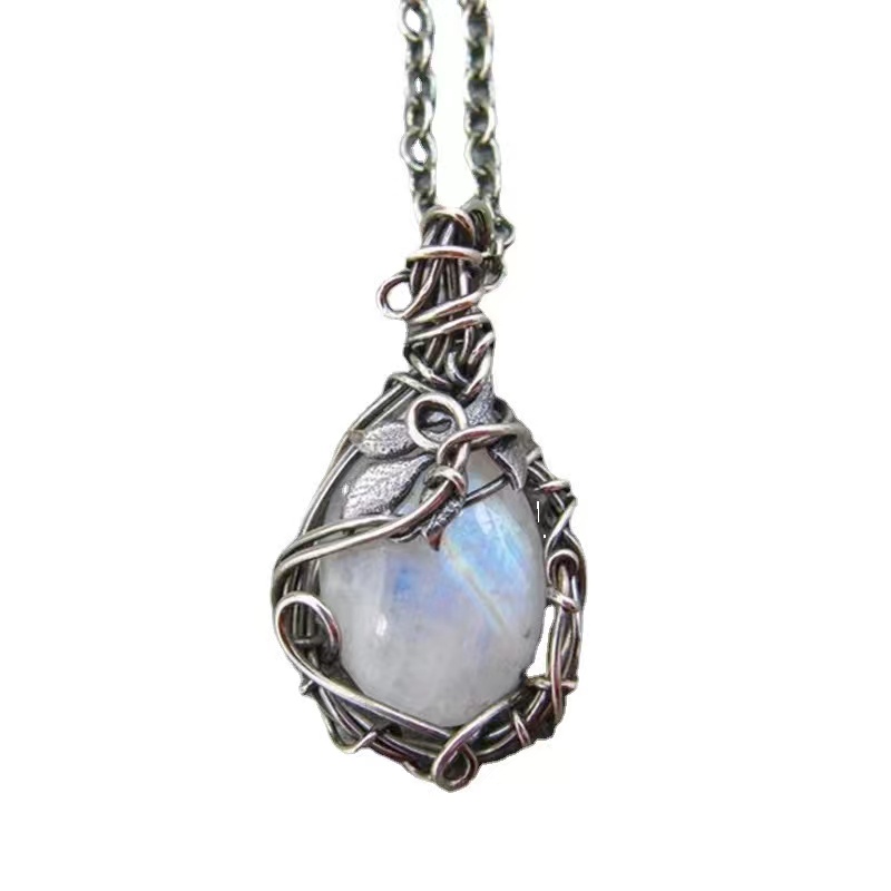 Moonstone Necklace Female Pendant Retro Bohemian Leaf Rattan Accessories