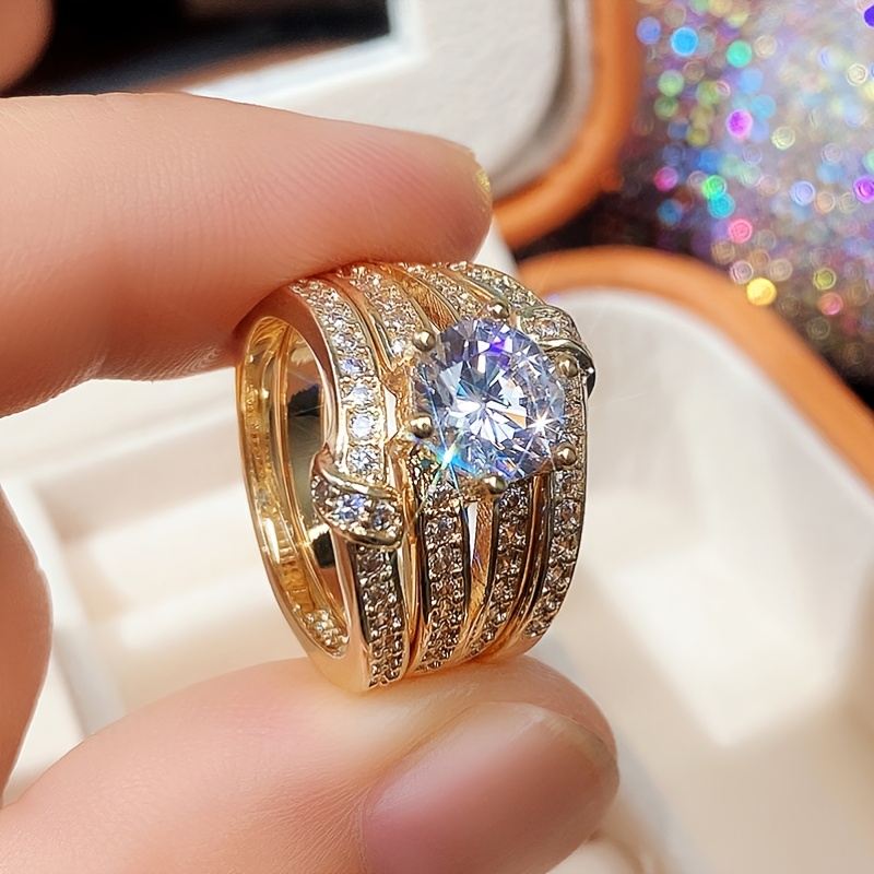 18k Gold Plated Round Zircon Set Ring Fashion Luxury Engagement Wedding Jewelry For Women Ring Set 3pcs