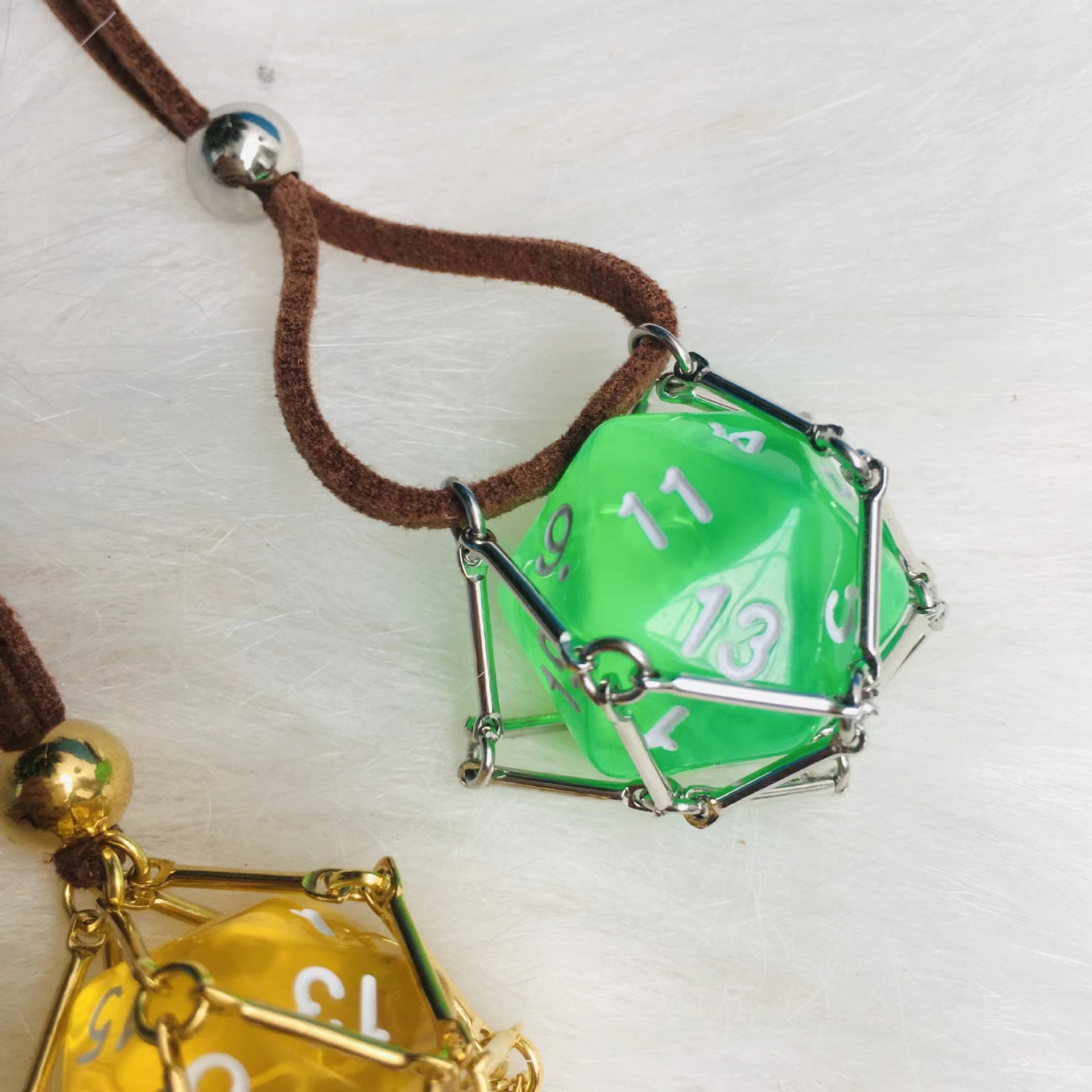 Removable dice cage necklace d20 jail pendant solid brass and deerskin leather
