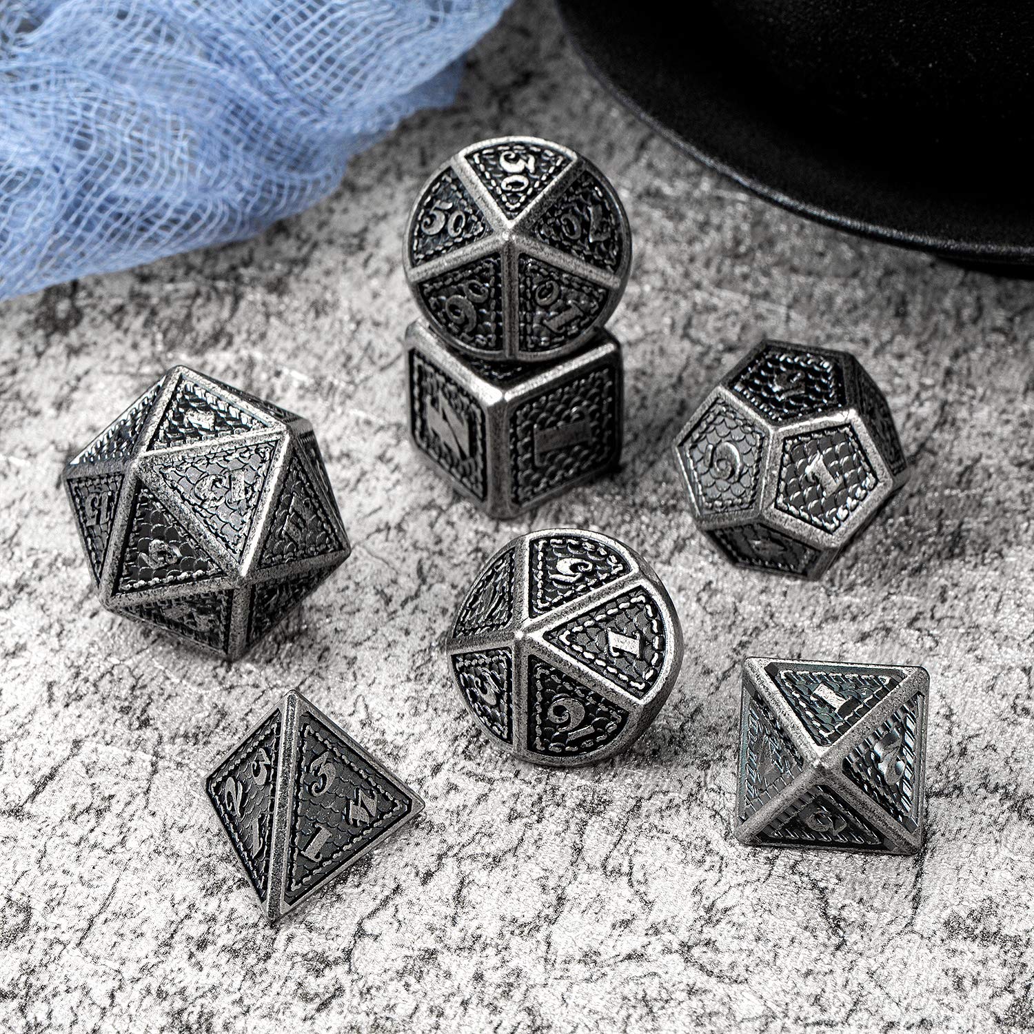 Dragon Scale 7 PCS Polyhedral Metal Dice Set(Ancient Silver)