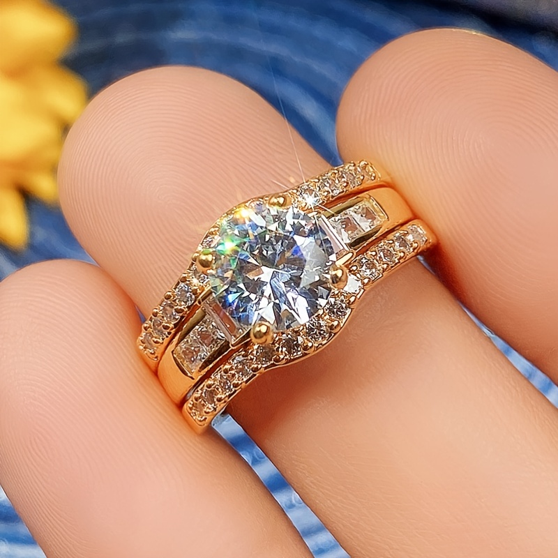 18k Gold Plated Round Zircon Set Ring Fashion Luxury Engagement Wedding Jewelry For Women Ring Set 3pcs