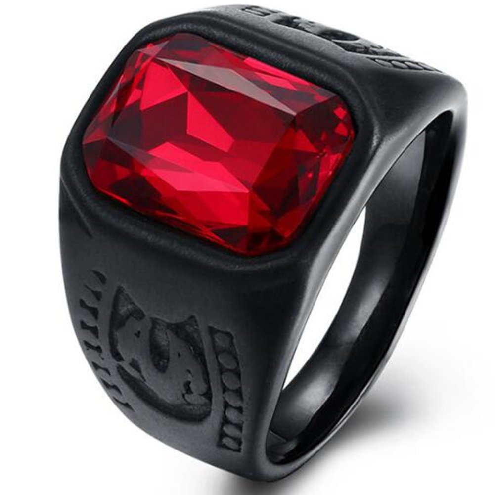 Black Stainless Steel Red Crystal Signet Biker Ring