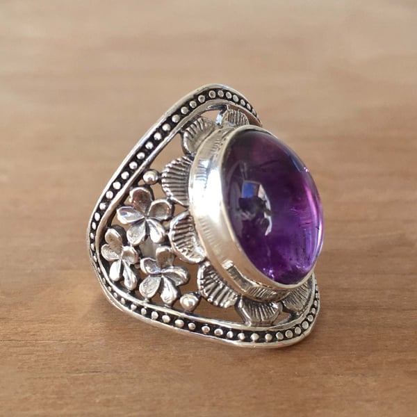 Sterling Silver Purple Gemstone Flower Ring