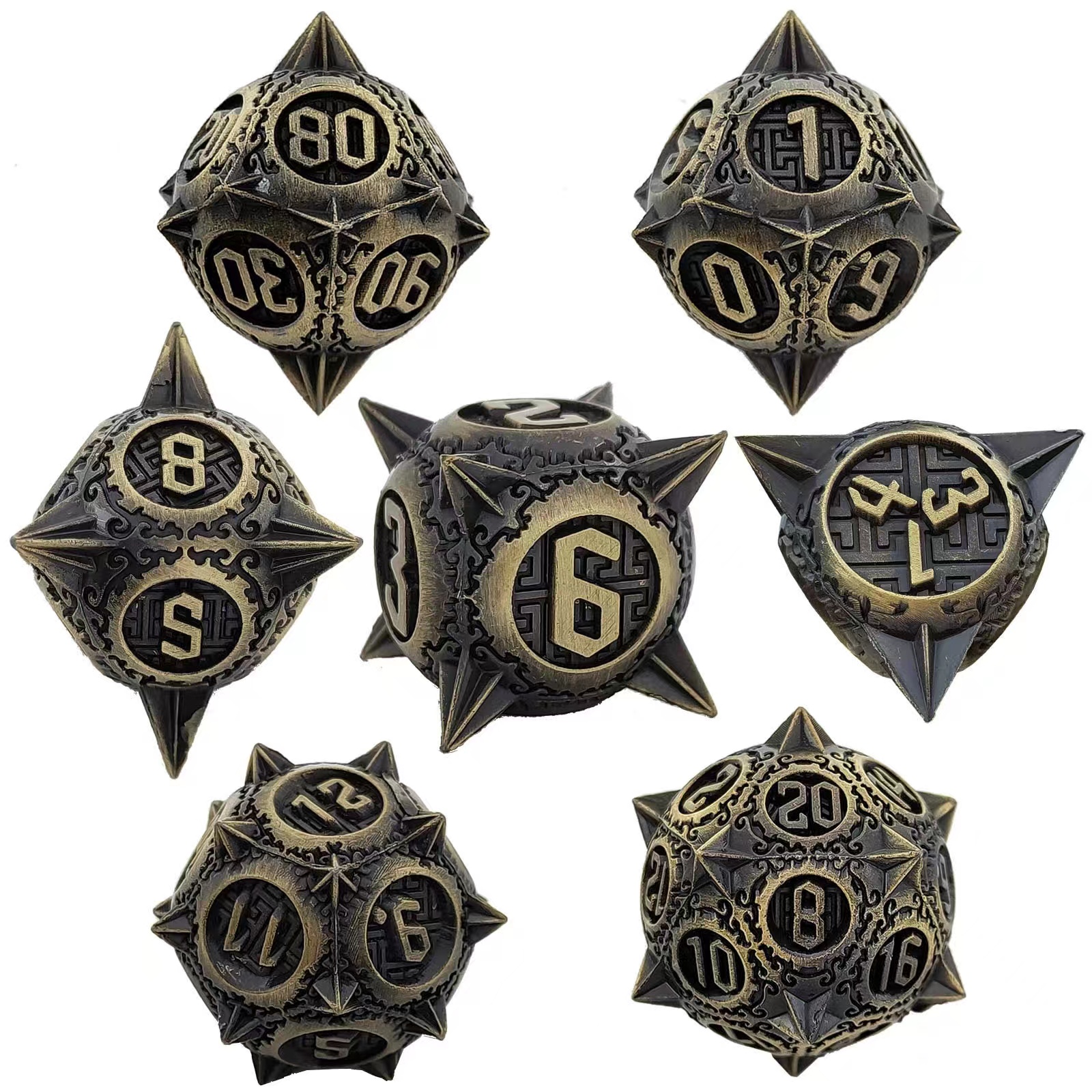 Metal Dice (7)Set For-Dungeons & Dragons (DND) RPG Cthulhu Polyhedra Spiked Dice