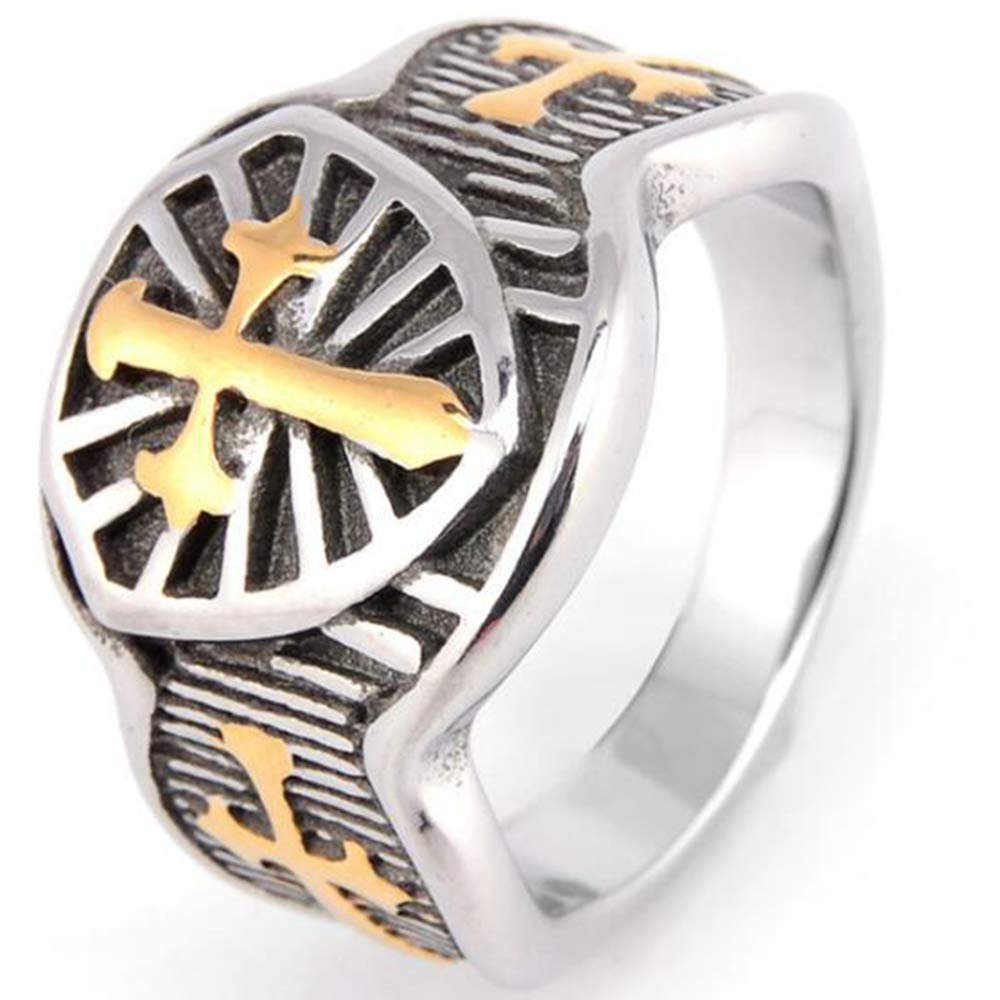 Stainless Steel Crusader Sword Cross Medieval Shield Ring