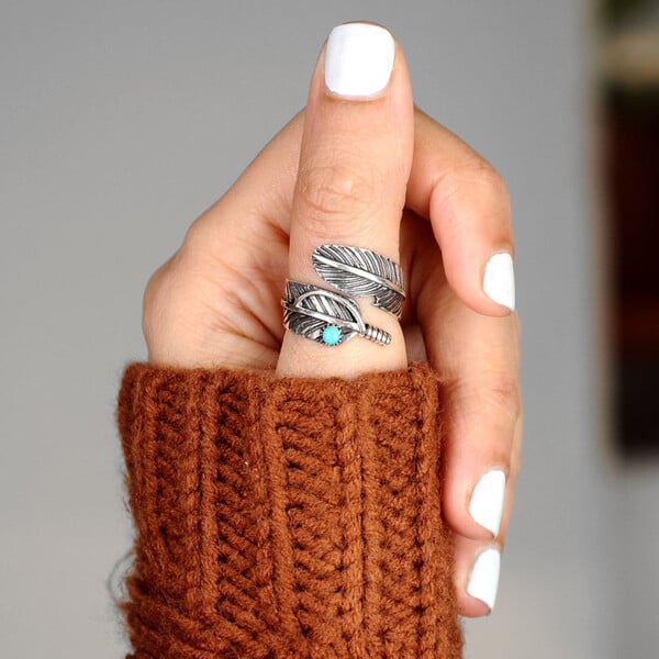 Boho Feather Turquoise Adjustable Ring
