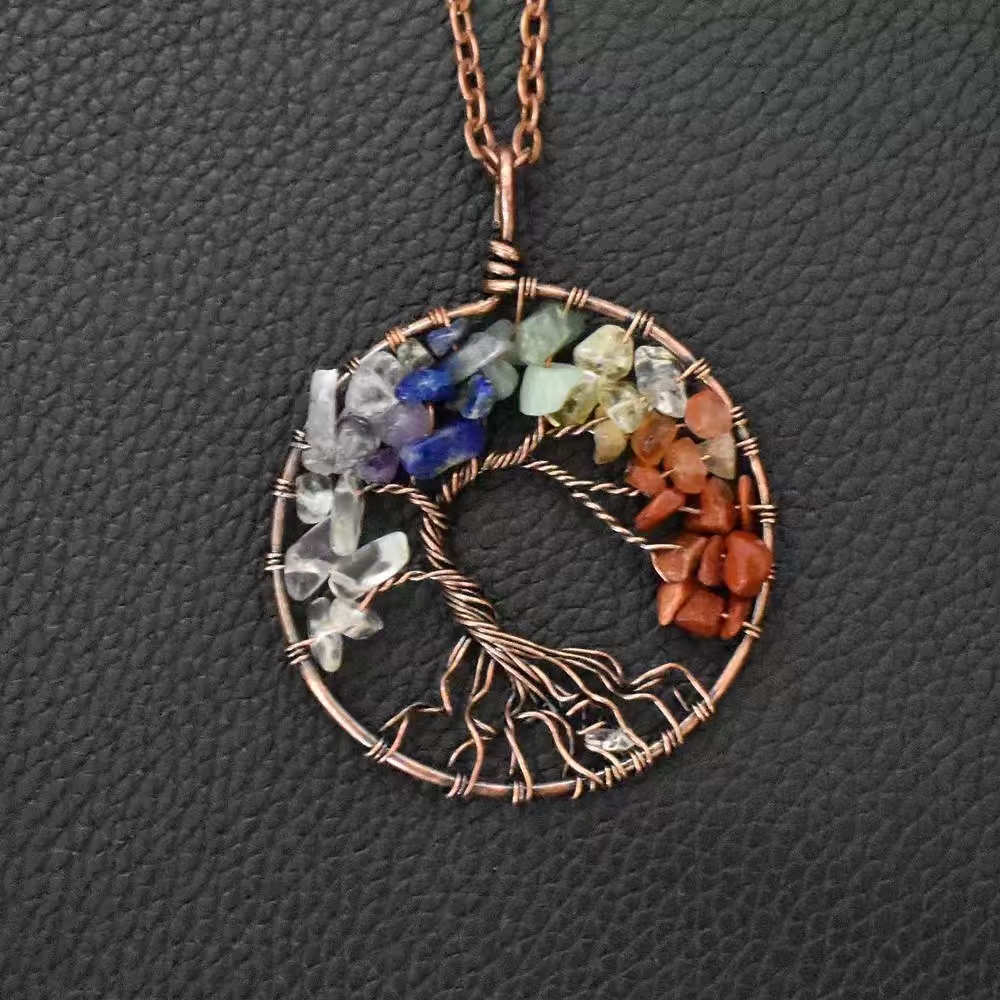 7 Chakra Stone Tree of Life Pendant with Antique Copper Wire, Healing Energy, Spiritual Gift, Gift for Yoga Lover, Gift for Friend