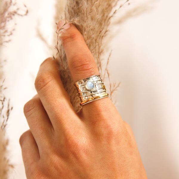 Sterling Silver Star and Moon Moonstone Spinner Ring