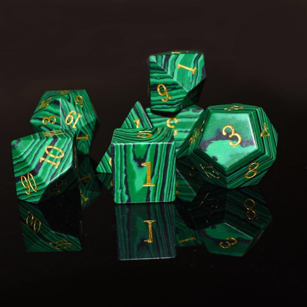 Malachite Gold Ink Gemstone Polyhedral Dice Set
