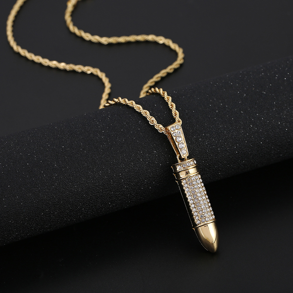 Gold Diamond Bullet Case Hip Hop Necklace