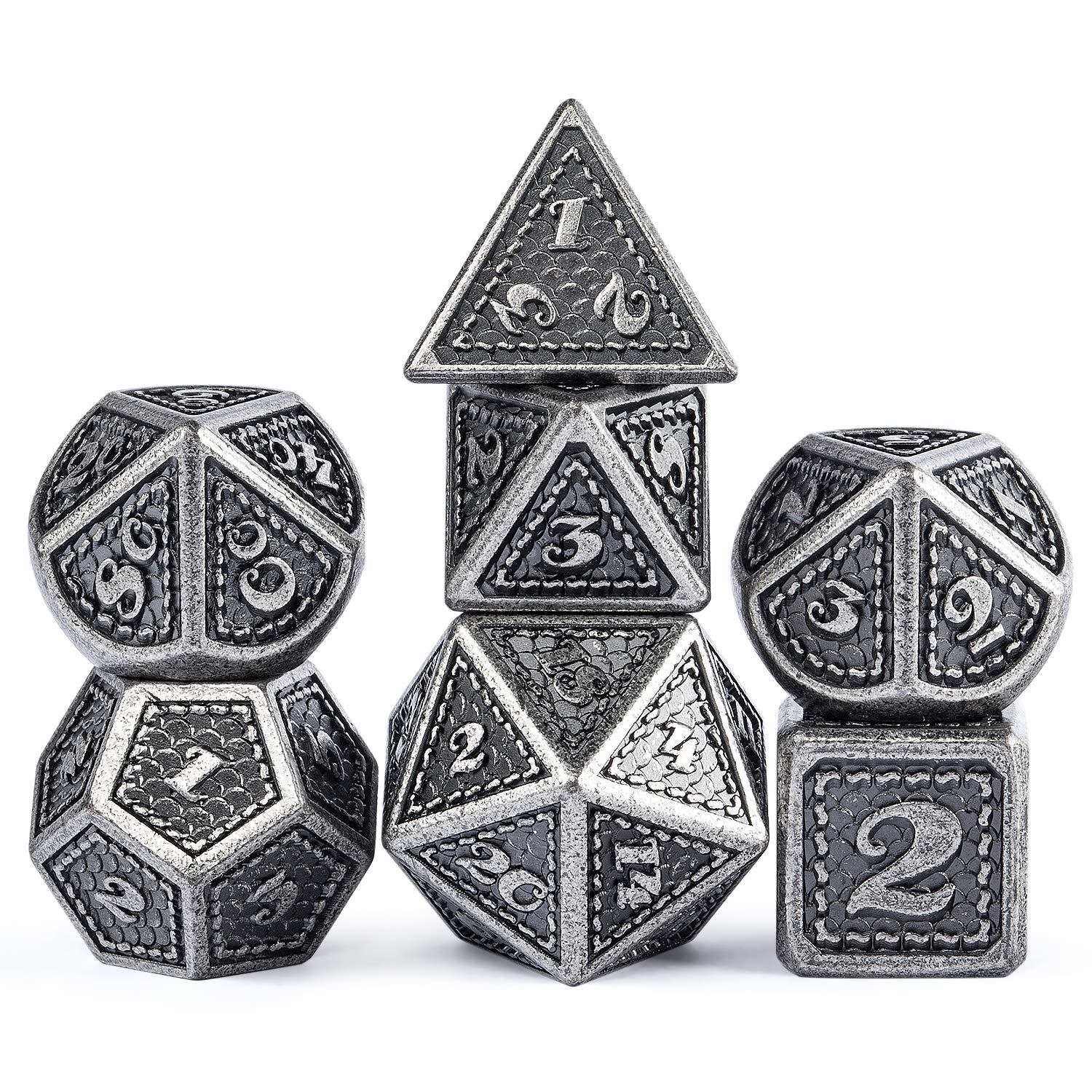 Dragon Scale 7 PCS Polyhedral Metal Dice Set(Ancient Silver)