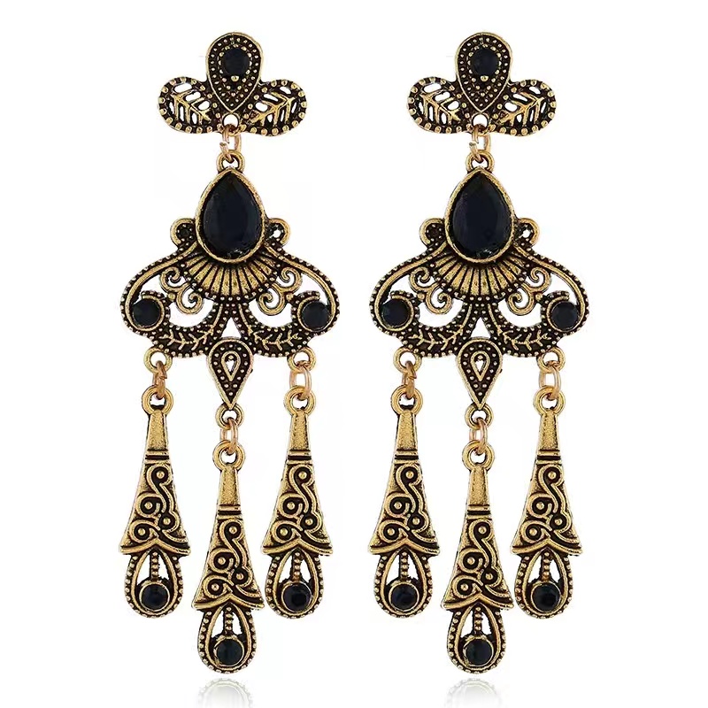 Retro Ethnic Style Hollow Leaf Gem Water Drop Tassel Stud Earrings